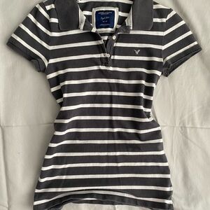 American Eagle Outfitters Gray and White Striped Polo Shirt